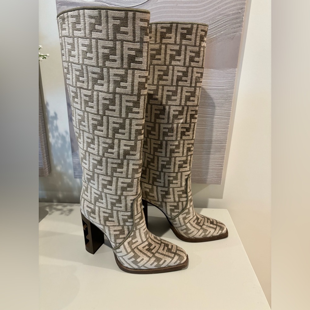 Fendi Women's Monogram Beige and Brown Heeled Boots
